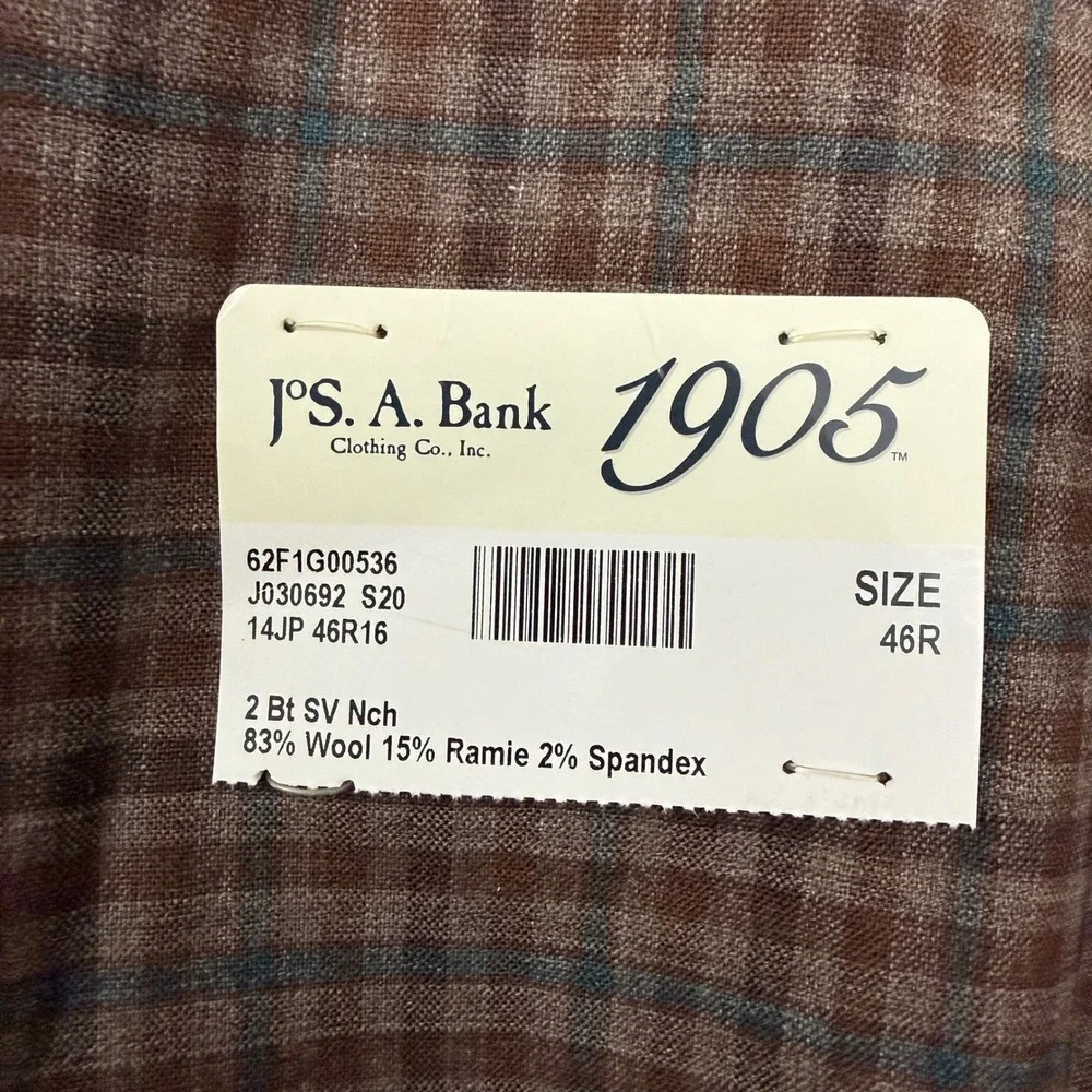 Jos. A. Bank Brrr Comfort Sport Coat Mens 46R Brown Plaid Wool Blend Tailored